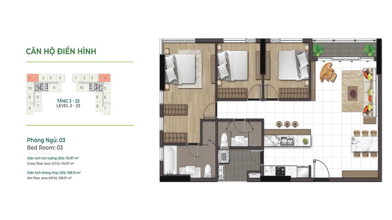 Lựa chọn phù hợp cho gia đình trẻ tại căn hộ ESSENSIA SKY Nhà Bè 13 Căn hộ Essensia Sky 3 phòng ngủ