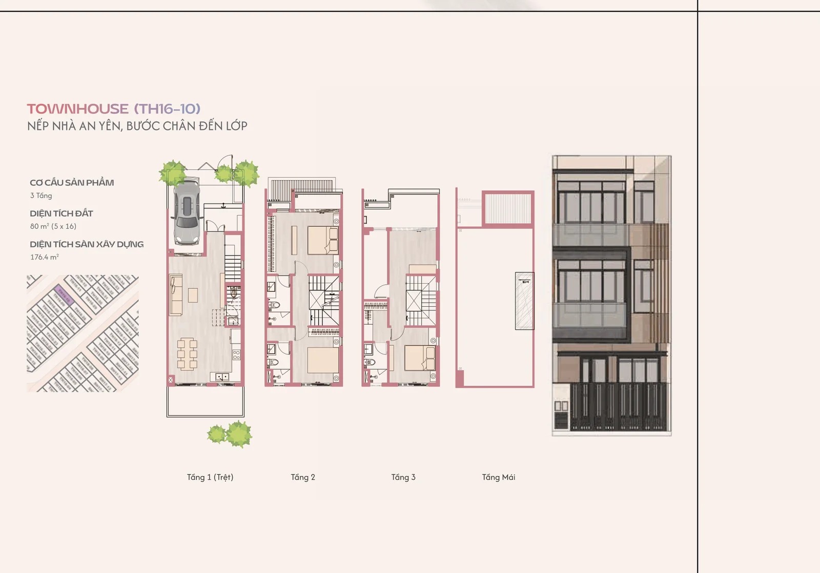 Nhà phố Nizi One Era: 3 mã TH chi tiết 4 Mặt bằng nhà phố TH16-10 phân khu Nizi One Era, đất 80 m2, 3 tầng