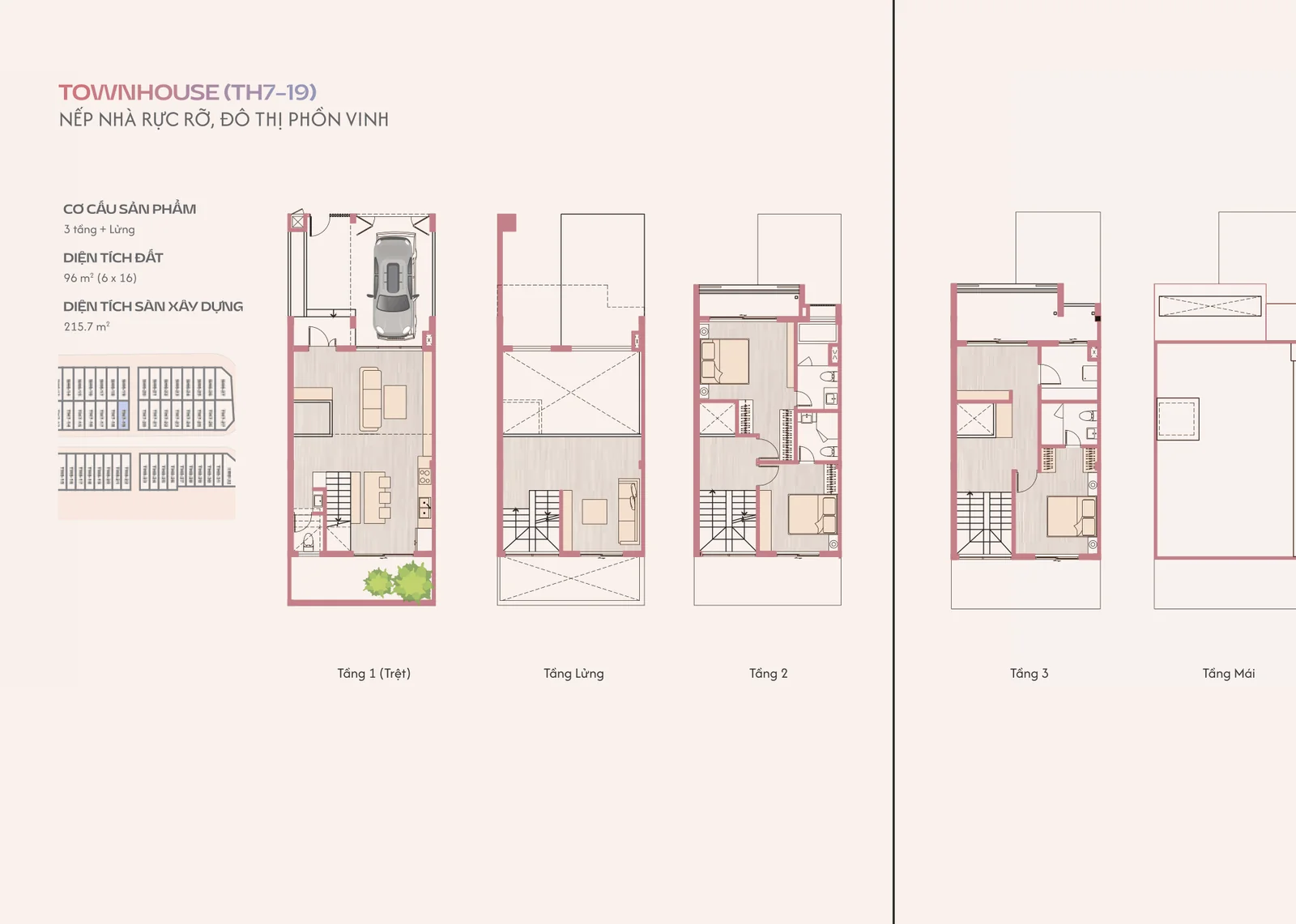 Nhà phố Nizi One Era: 3 mã TH chi tiết 5 Mặt bằng nhà phố TH7-19 phân khu Nizi One Era, đất 96 m2, 3 tầng và lửng