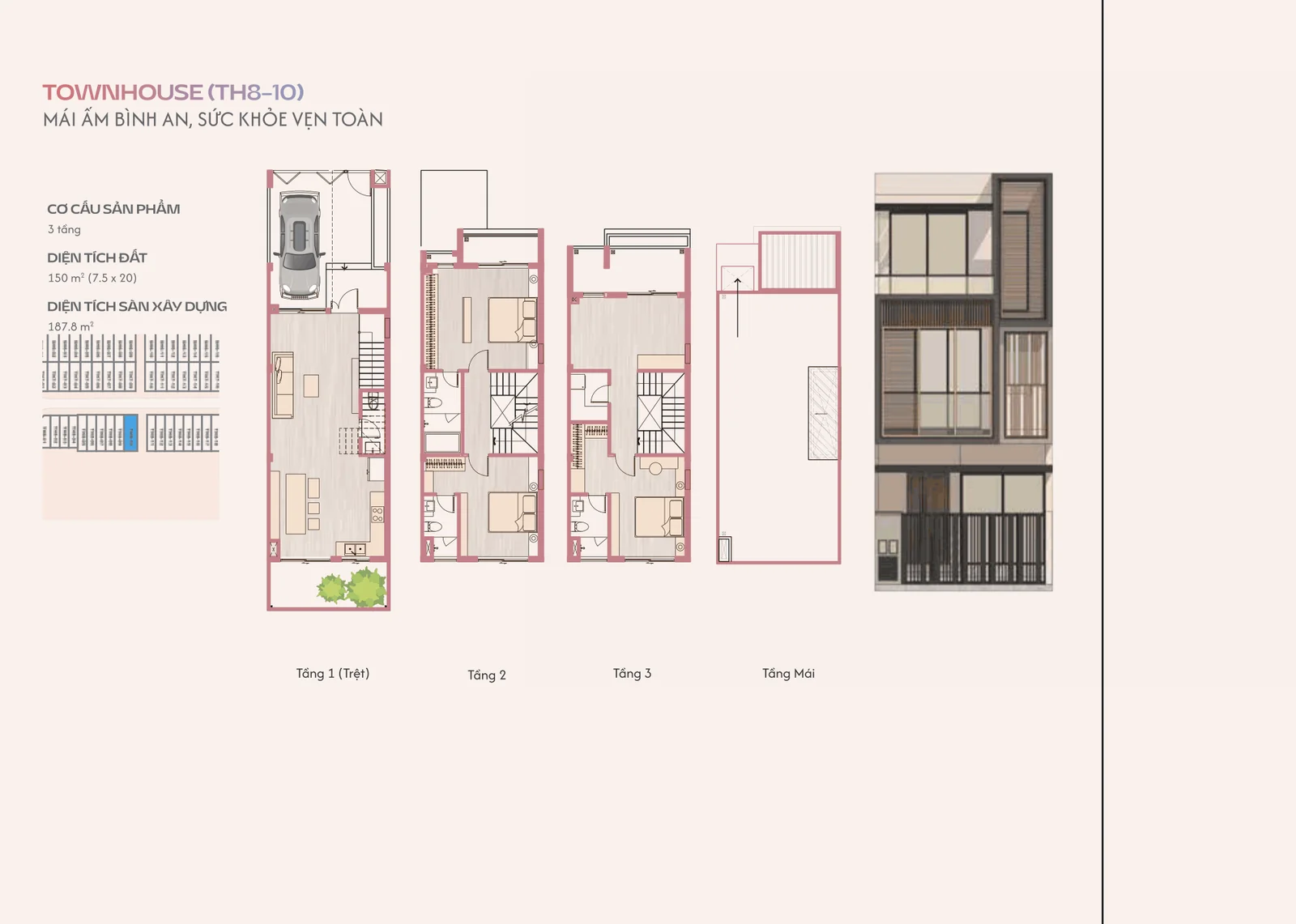 Nhà phố Nizi One Era: 3 mã TH chi tiết 6 Mặt bằng nhà phố TH8-10 phân khu Nizi One Era, đất 150 m2, 3 tầng