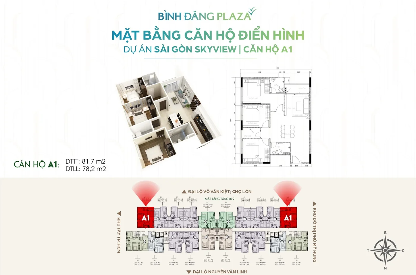 Mặt Bằng Bình Đăng Plaza: Quy Mô Xây Dựng Và Bố Trí Căn Hộ 5 Mặt bằng căn hộ A1 Bình Đăng Plaza Quốc lộ 50 – 81,7 m² tim tường, 78,2 m² thông thuỷ, tầng 10–21