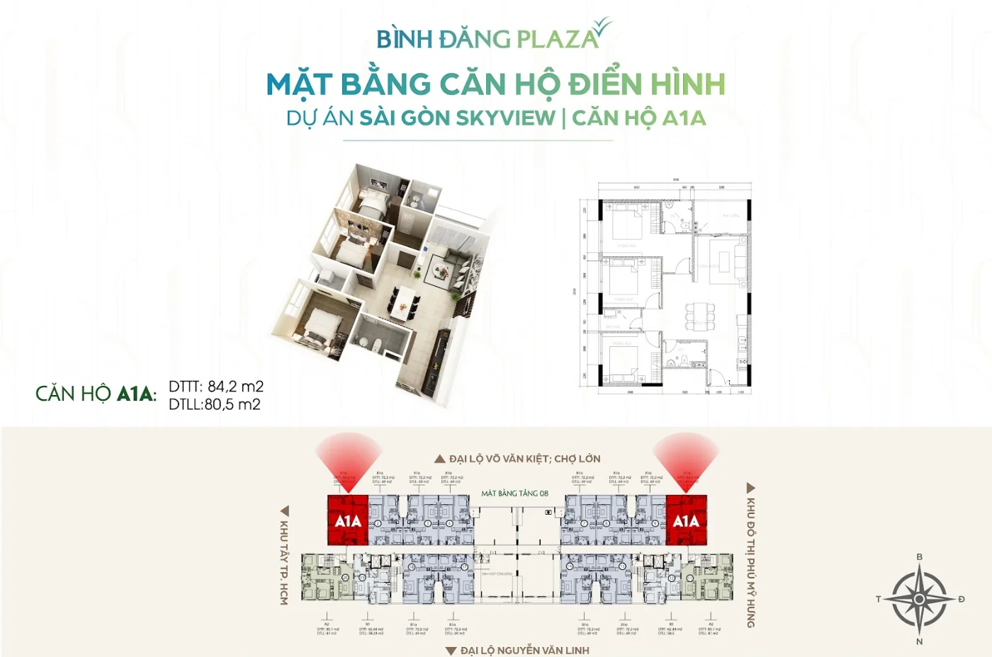 Mặt Bằng Bình Đăng Plaza: Quy Mô Xây Dựng Và Bố Trí Căn Hộ 6 Mặt bằng căn hộ A1A Bình Đăng Plaza Quốc lộ 50 – 84,2 m² tim tường, 80,5 m² thông thuỷ, tầng 08