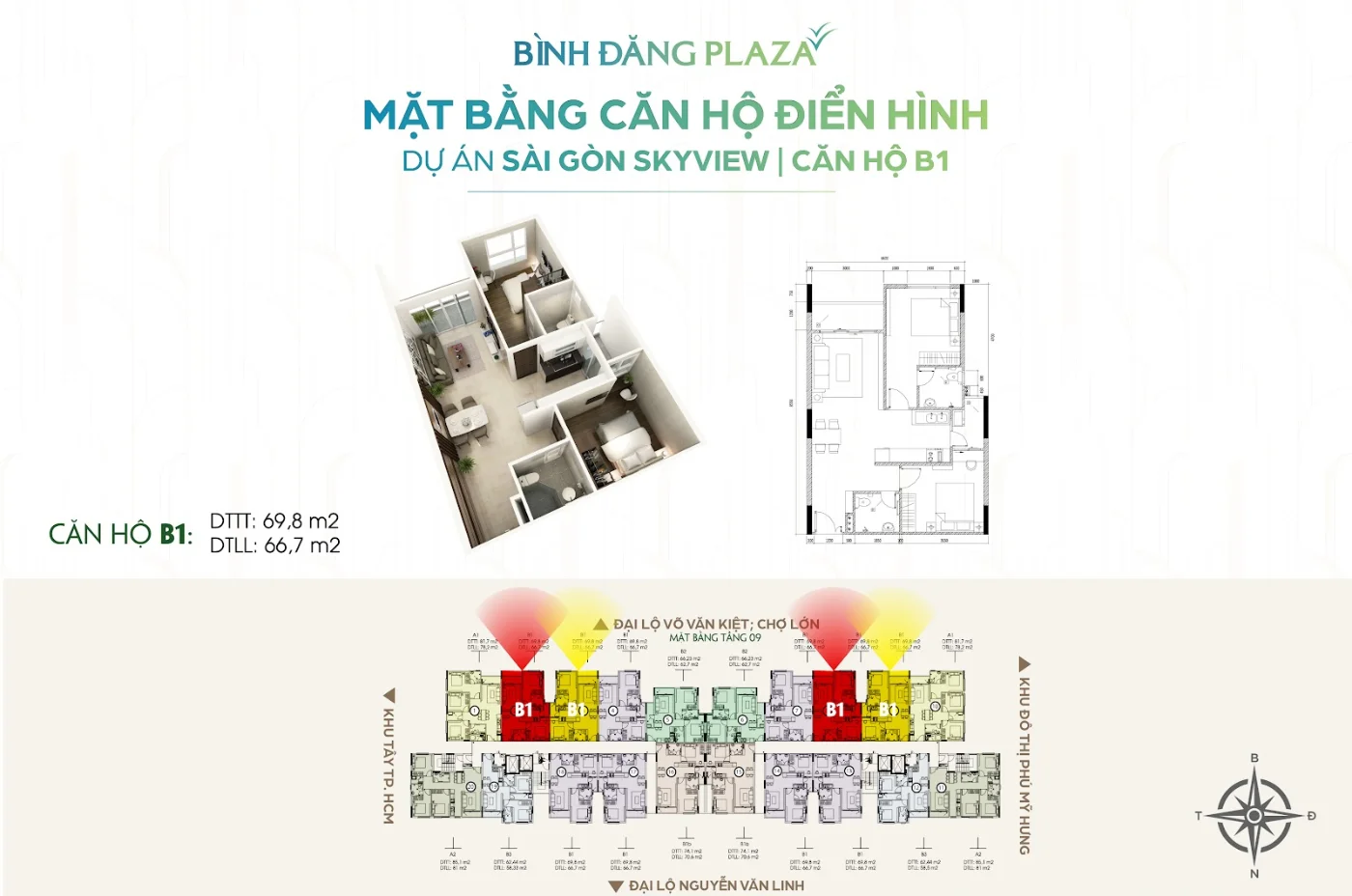Mặt Bằng Bình Đăng Plaza: Quy Mô Xây Dựng Và Bố Trí Căn Hộ 8 Mặt bằng căn hộ B1 Bình Đăng Plaza Quốc lộ 50 – 69,8 m² tim tường, 66,7 m² thông thuỷ, tầng 09