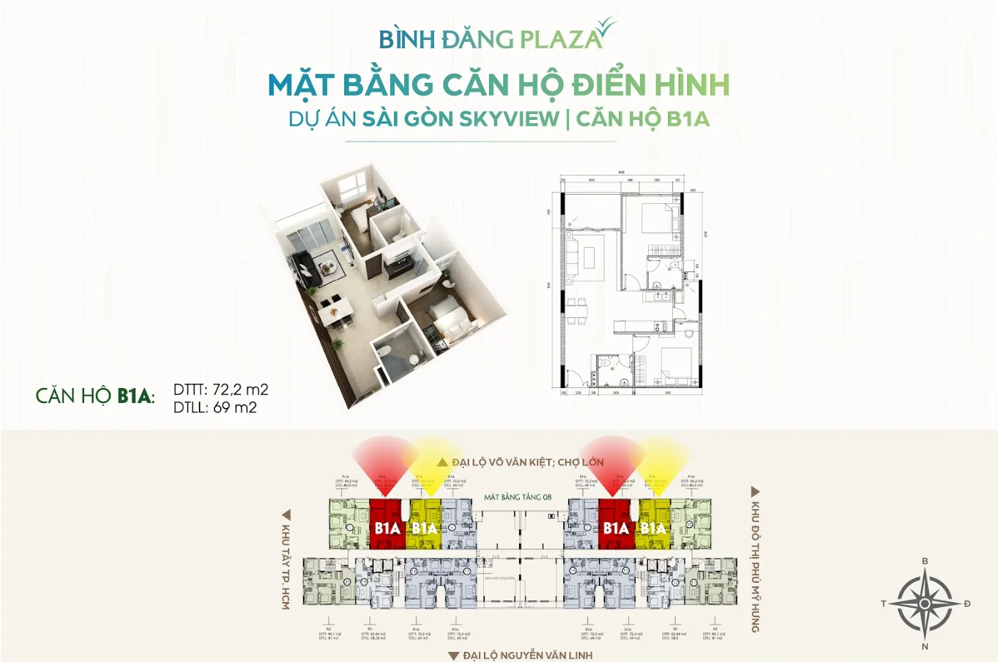 Mặt Bằng Bình Đăng Plaza: Quy Mô Xây Dựng Và Bố Trí Căn Hộ 9 Mặt bằng căn hộ B1A Bình Đăng Plaza Quốc lộ 50 – 72,2 m² tim tường, 69 m² thông thuỷ, tầng 08