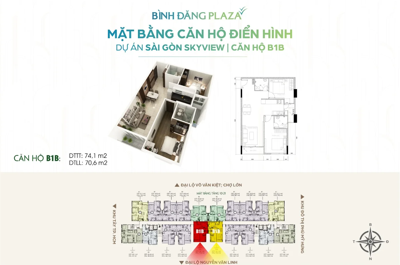 Mặt Bằng Bình Đăng Plaza: Quy Mô Xây Dựng Và Bố Trí Căn Hộ 10 Mặt bằng căn hộ B1B Bình Đăng Plaza Quốc lộ 50 – 74,1 m² tim tường, 70,6 m² thông thuỷ, tầng 10–21