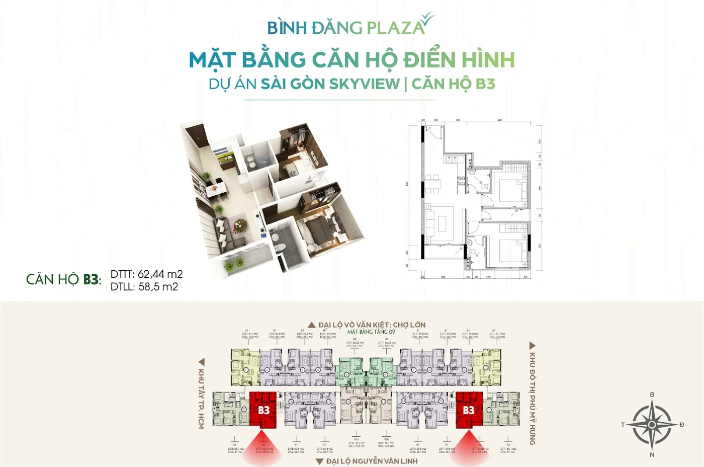 Mặt Bằng Bình Đăng Plaza: Quy Mô Xây Dựng Và Bố Trí Căn Hộ 12 Mặt bằng căn hộ B3 Bình Đăng Plaza Quốc lộ 50 – 62,44 m² tim tường, 58,5 m² thông thuỷ, tầng 09