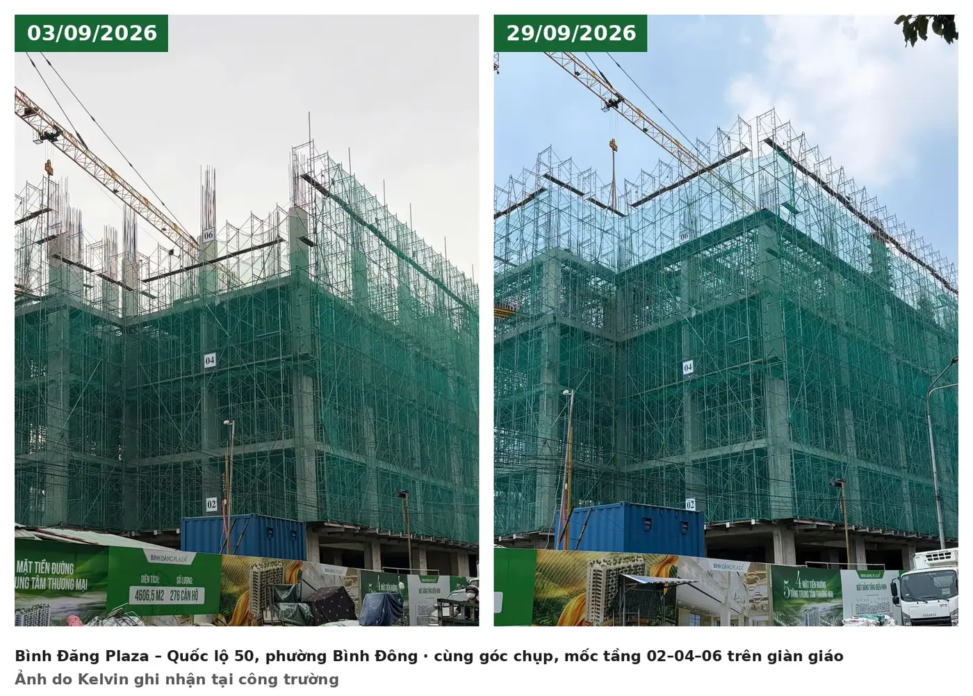Tiến Độ Xây Dựng Bình Đăng Plaza Trên Quốc Lộ 50, Quận 8 5 So sánh tiến độ xây dựng Bình Đăng Plaza Quốc lộ 50, phường Bình Đông (Quận 8 cũ) cùng góc chụp ngày 03/09/2026 và 29/09/2026, mốc tầng 02–04–06 trên giàn giáo