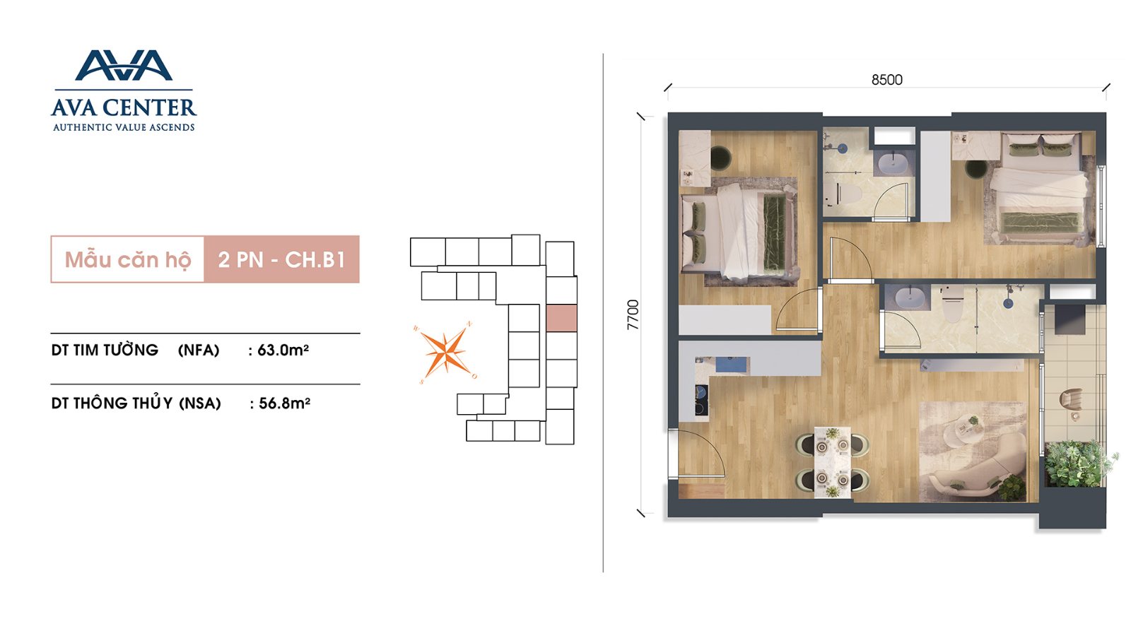 So sánh AVA Center với căn hộ đã bàn giao ở Thuận An 9 Mặt bằng căn hộ CH.B1 AVA Center 2 phòng ngủ 63 m2